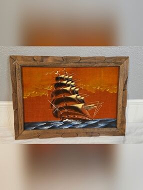 Vintage Velvet Ship & Volcano Oil Paintings - Set Of 2